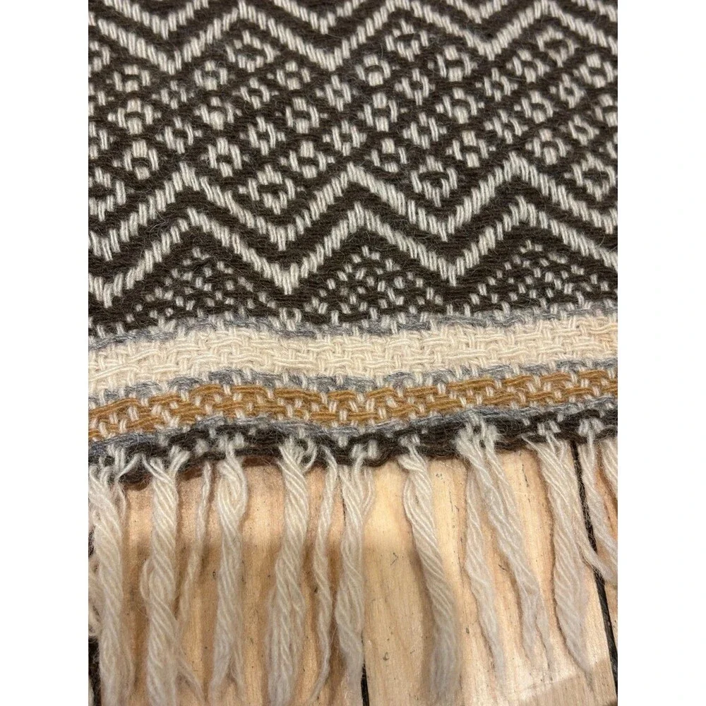 VINTAGE FARIBO SOUTHWESTERN PATTERN FRINGE THROW CELEBRATING 100 YEARS 60s brown